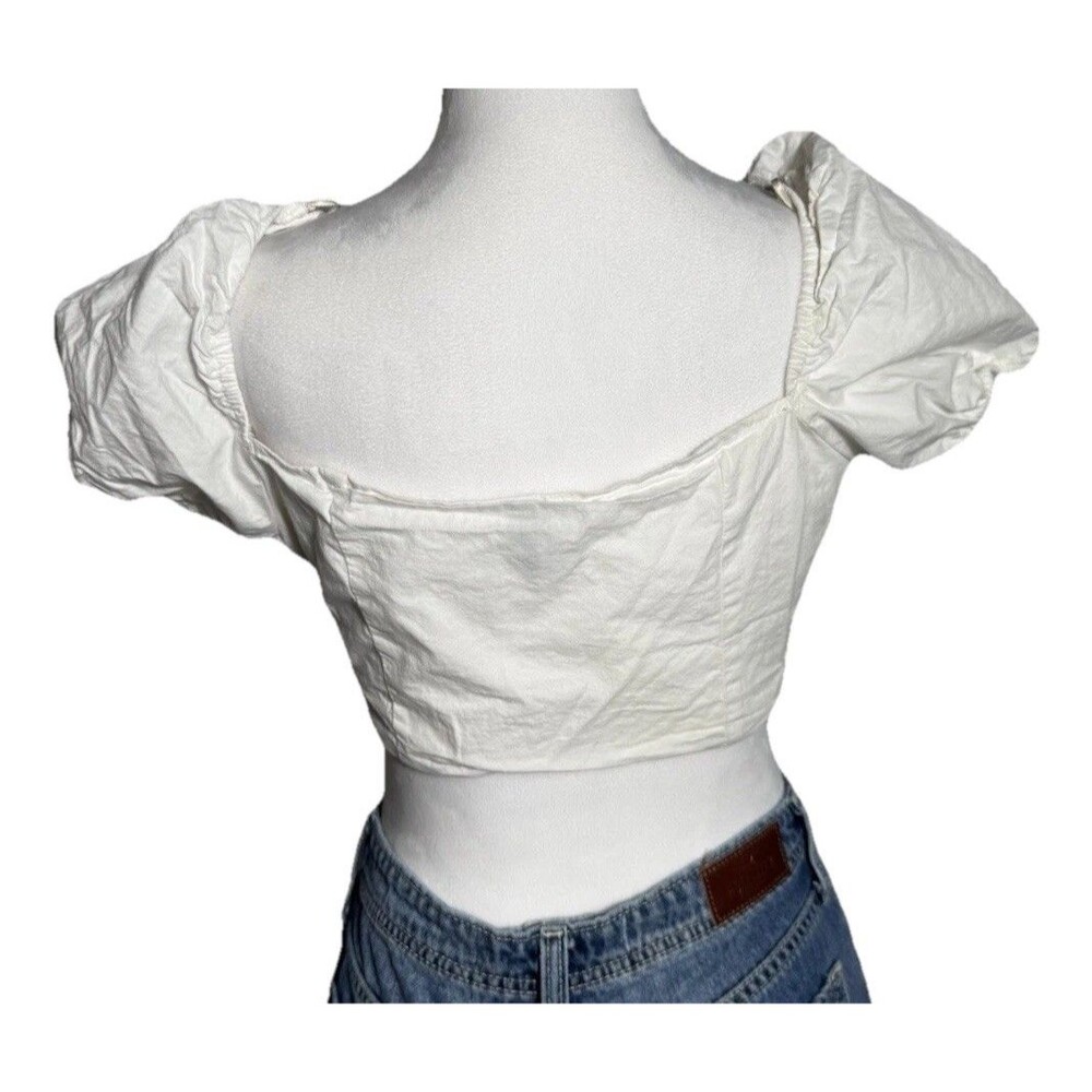 H&M Divided Crop Top Tie Front Puff Sleeve White Medium V-neck 100% Cotton - Picture 5 of 9